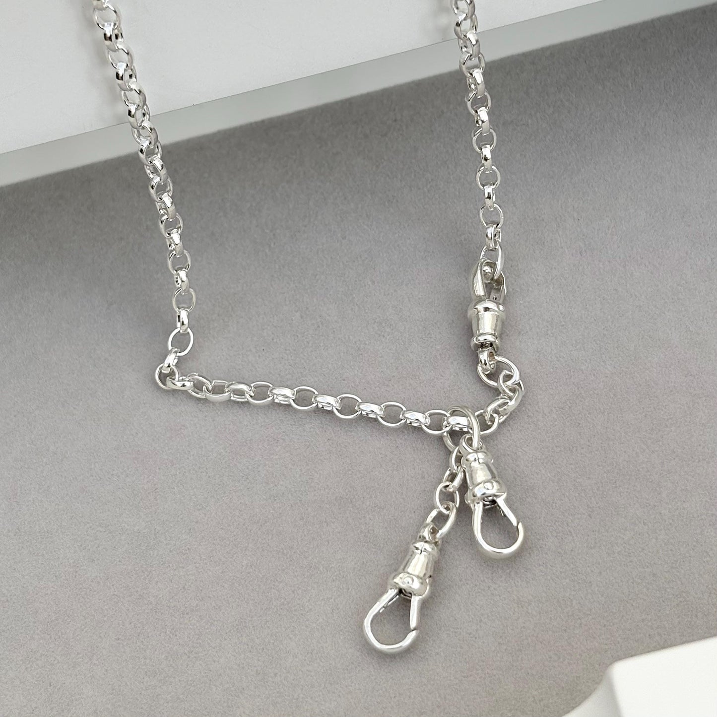 New listing - Oxidised or polished solid sterling silver oval belcher single Albert swivel clasp chain and double swivel drop pendant