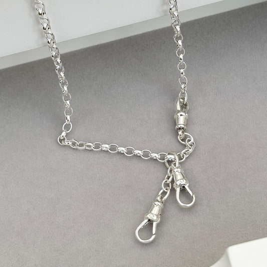 New listing - Oxidised or polished solid sterling silver oval belcher single Albert swivel clasp chain and double swivel drop pendant