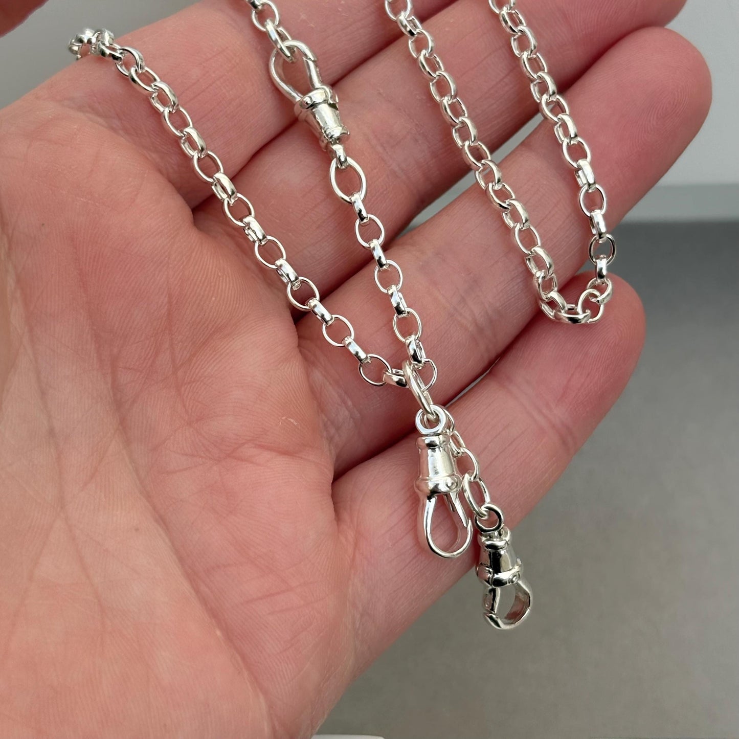 New listing - Oxidised or polished solid sterling silver oval belcher single Albert swivel clasp chain and double swivel drop pendant