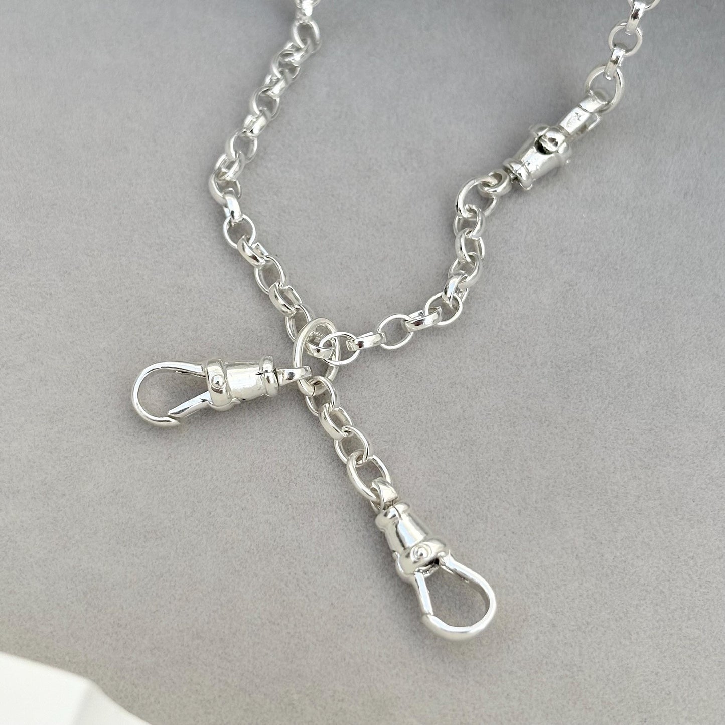 New listing - Oxidised or polished solid sterling silver oval belcher single Albert swivel clasp chain and double swivel drop pendant