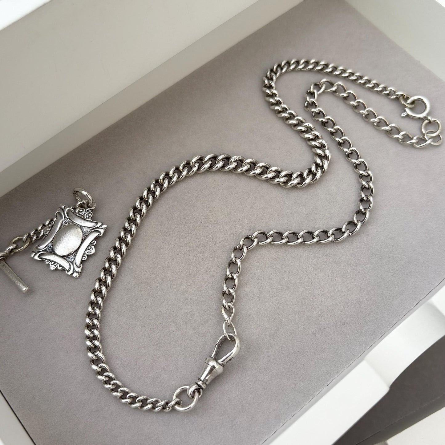 Vintage Edwardian Sterling Silver Curb Chain T-Bar, Fob Albert Clasp Necklace - 19 inch