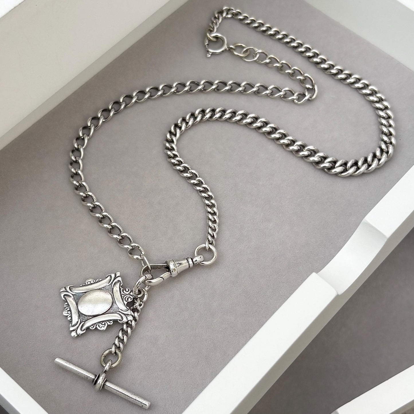 Vintage Edwardian Sterling Silver Curb Chain T-Bar, Fob Albert Clasp Necklace - 19 inch