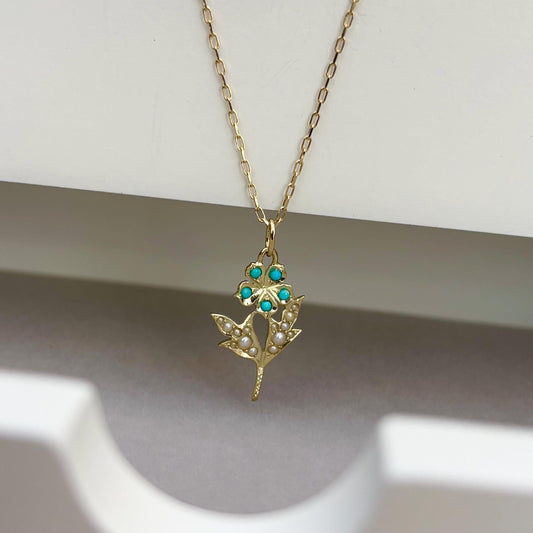 Vintage 14ct yellow Gold Turquoise and Pearl Flower Charm Pendant Chain Necklace