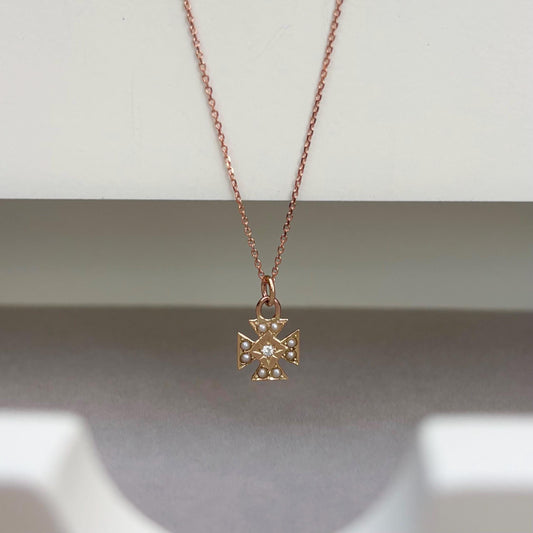Vintage 9ct rose Gold Dainty Diamond Pearl Maltese Cross Charm Pendant Chain Necklace
