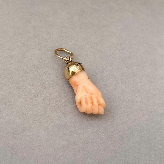 Vintage 9ct yellow Gold Light Pink/Peach Coral Figa Fisted Hand Charm Pendant