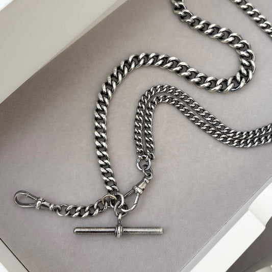 Vintage Sterling Silver Curb Chain T-Bar Dog Clip/ Albert Clasp Necklace - 19 inch