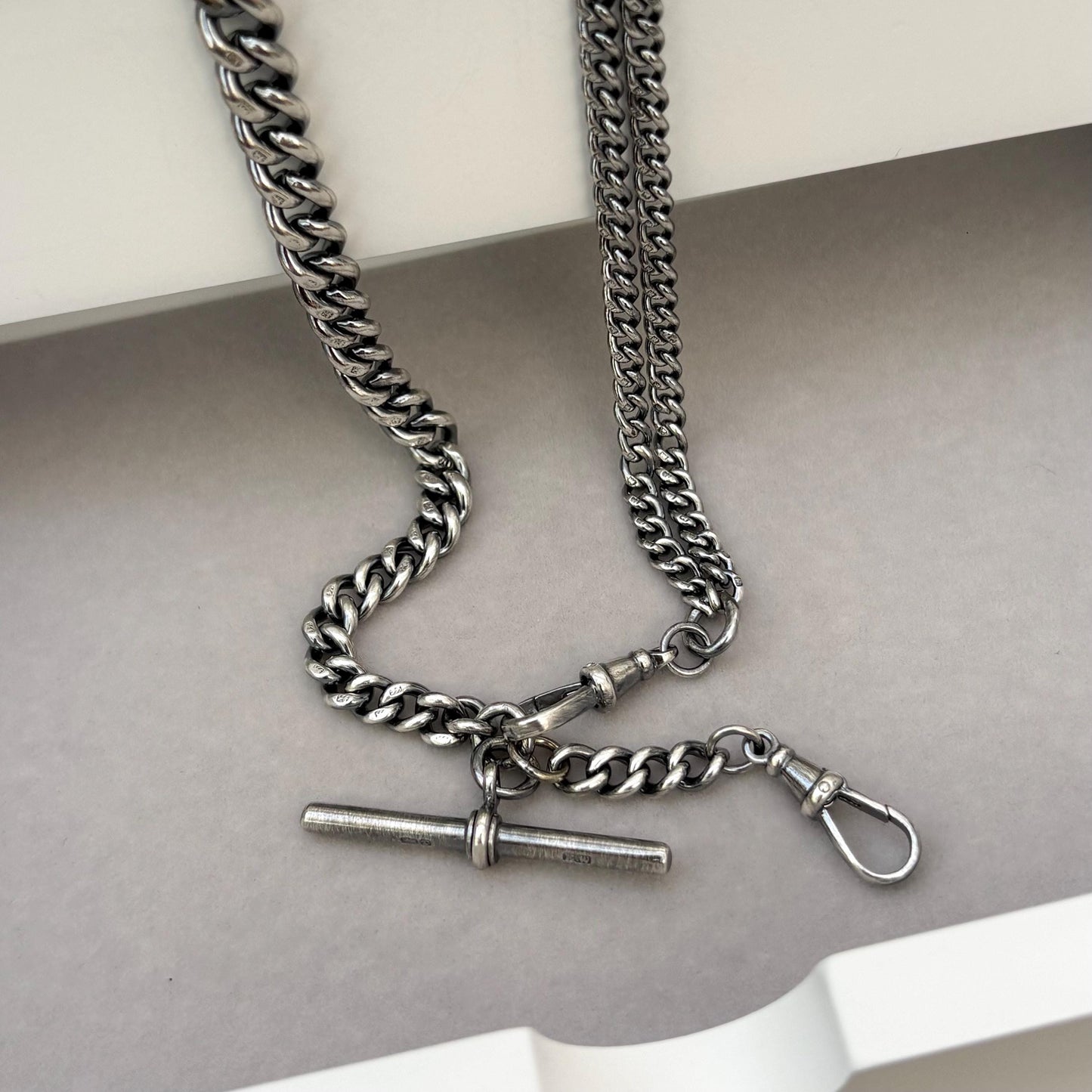 Vintage Sterling Silver Curb Chain T-Bar Dog Clip/ Albert Clasp Necklace - 19 inch