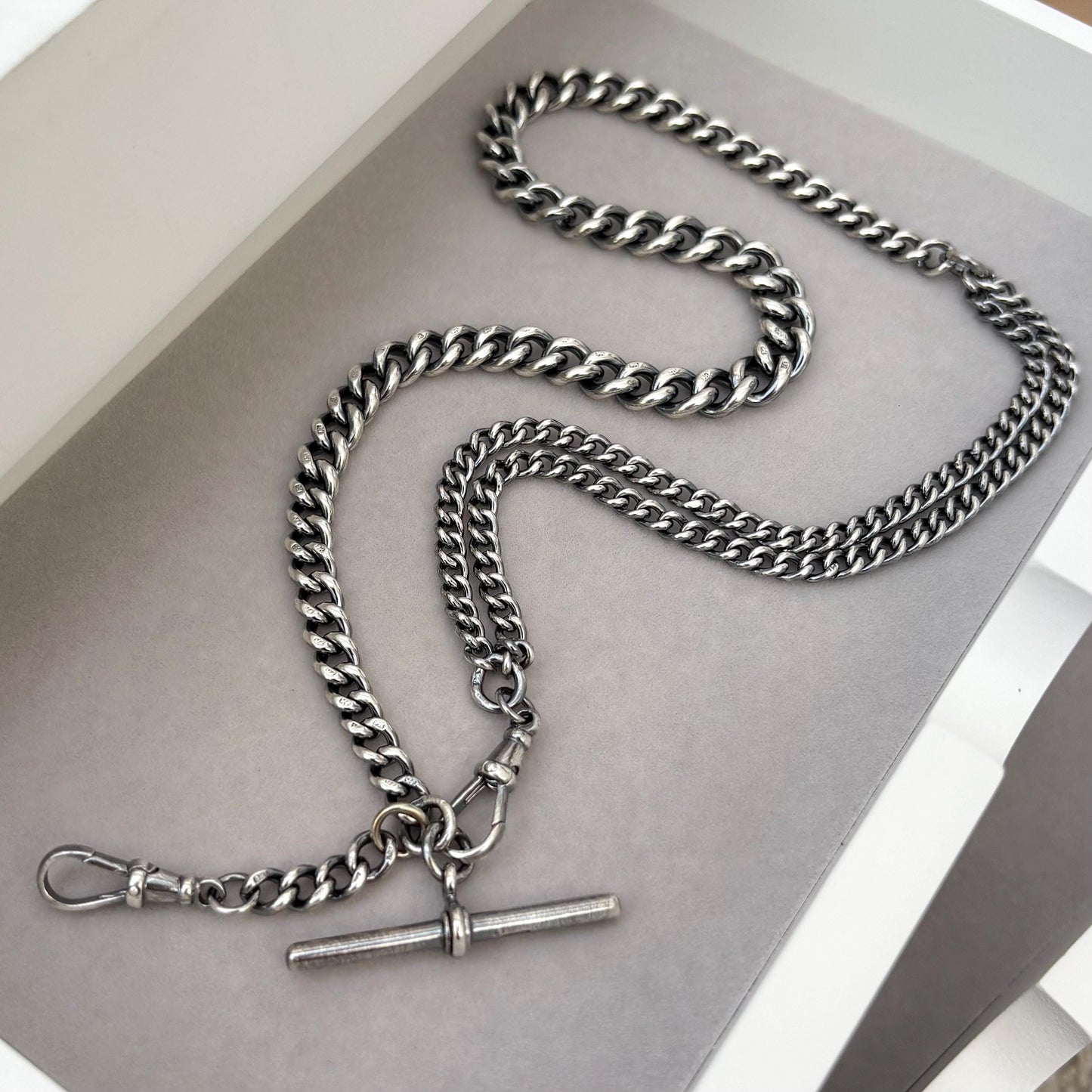 Vintage Sterling Silver Curb Chain T-Bar Dog Clip/ Albert Clasp Necklace - 19 inch