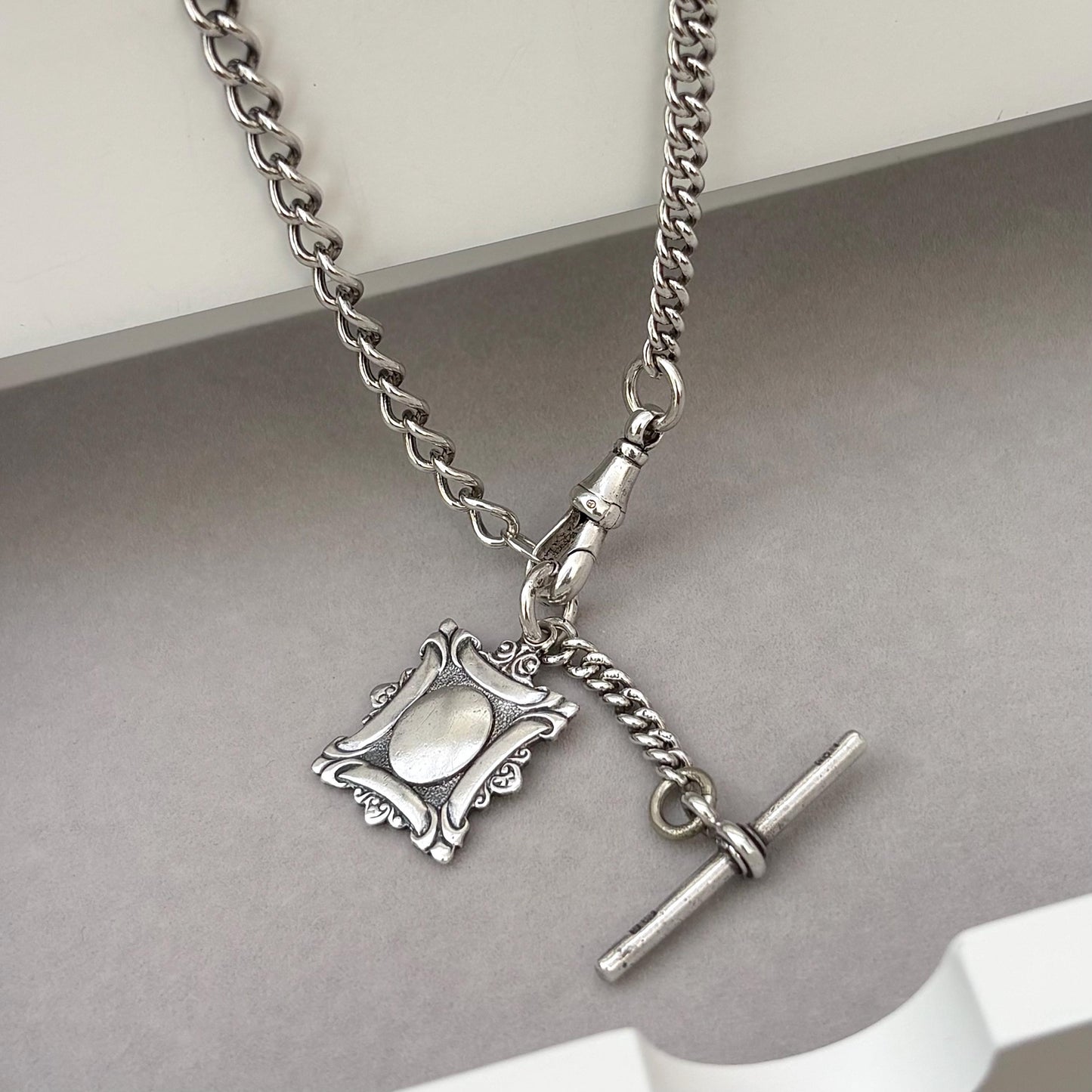 Vintage Edwardian Sterling Silver Curb Chain T-Bar, Fob Albert Clasp Necklace - 19 inch