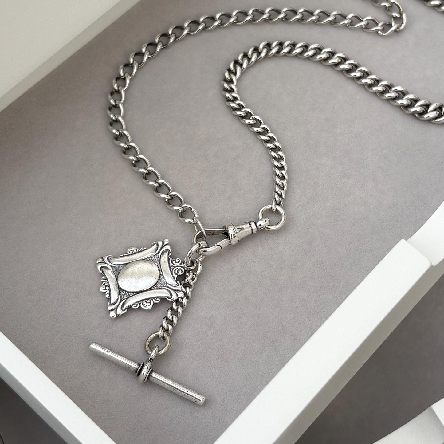 Vintage Edwardian Sterling Silver Curb Chain T-Bar, Fob Albert Clasp Necklace - 19 inch