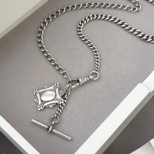 Vintage Edwardian Sterling Silver Curb Chain T-Bar, Fob Albert Clasp Necklace - 19 inch