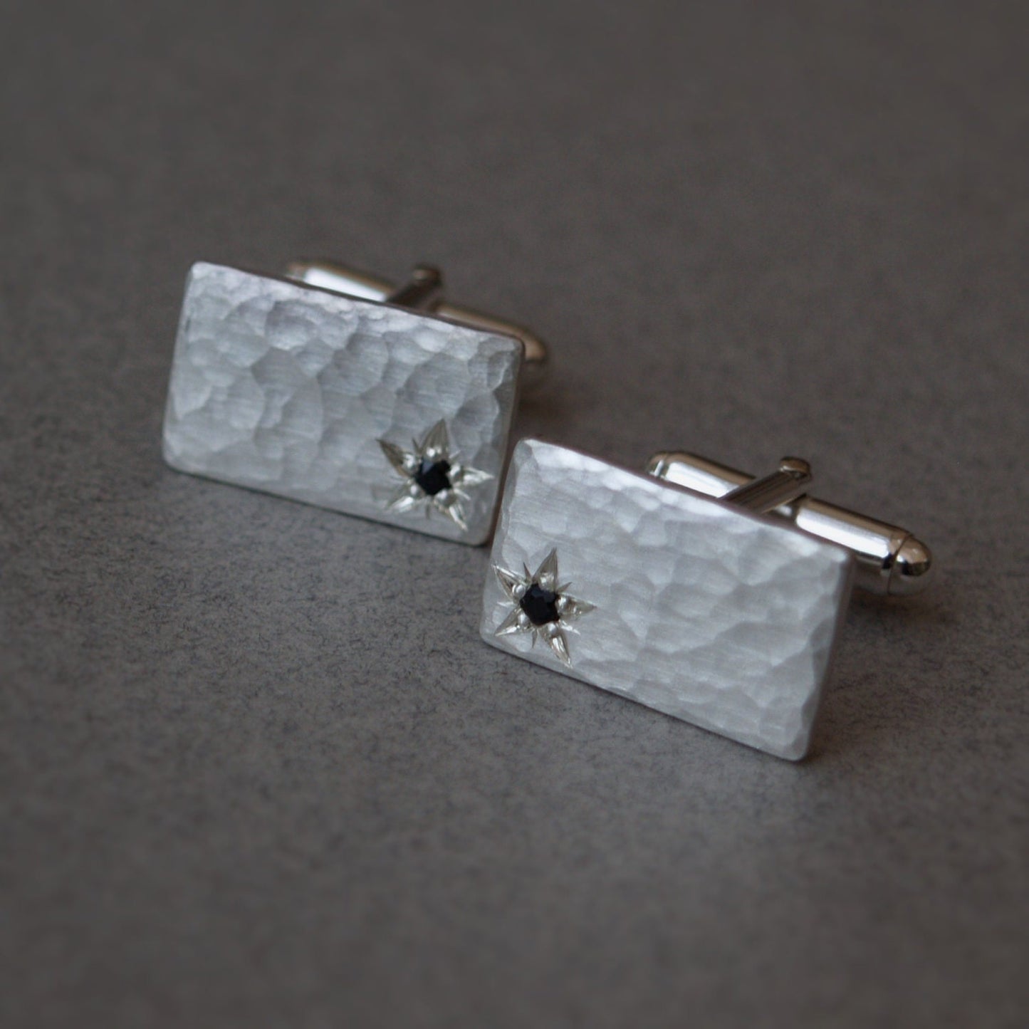 Handmade silver hammered rectangle heavy cufflinks star engraved set with black Sapphires - Men's jewellery