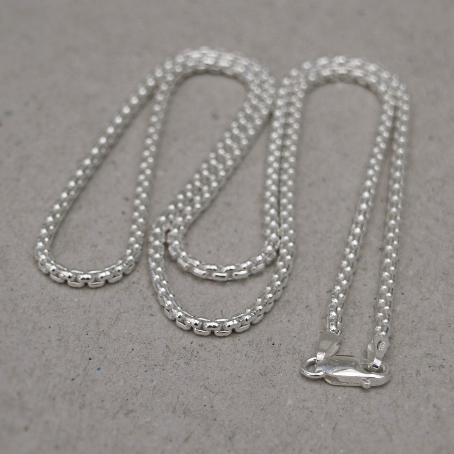 Oxidised or polished solid silver 2.5mm wide box belcher chain