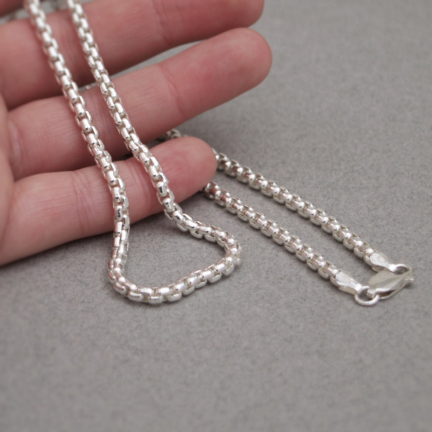 Oxidised or polished sterling silver 3.7mm box belcher chain