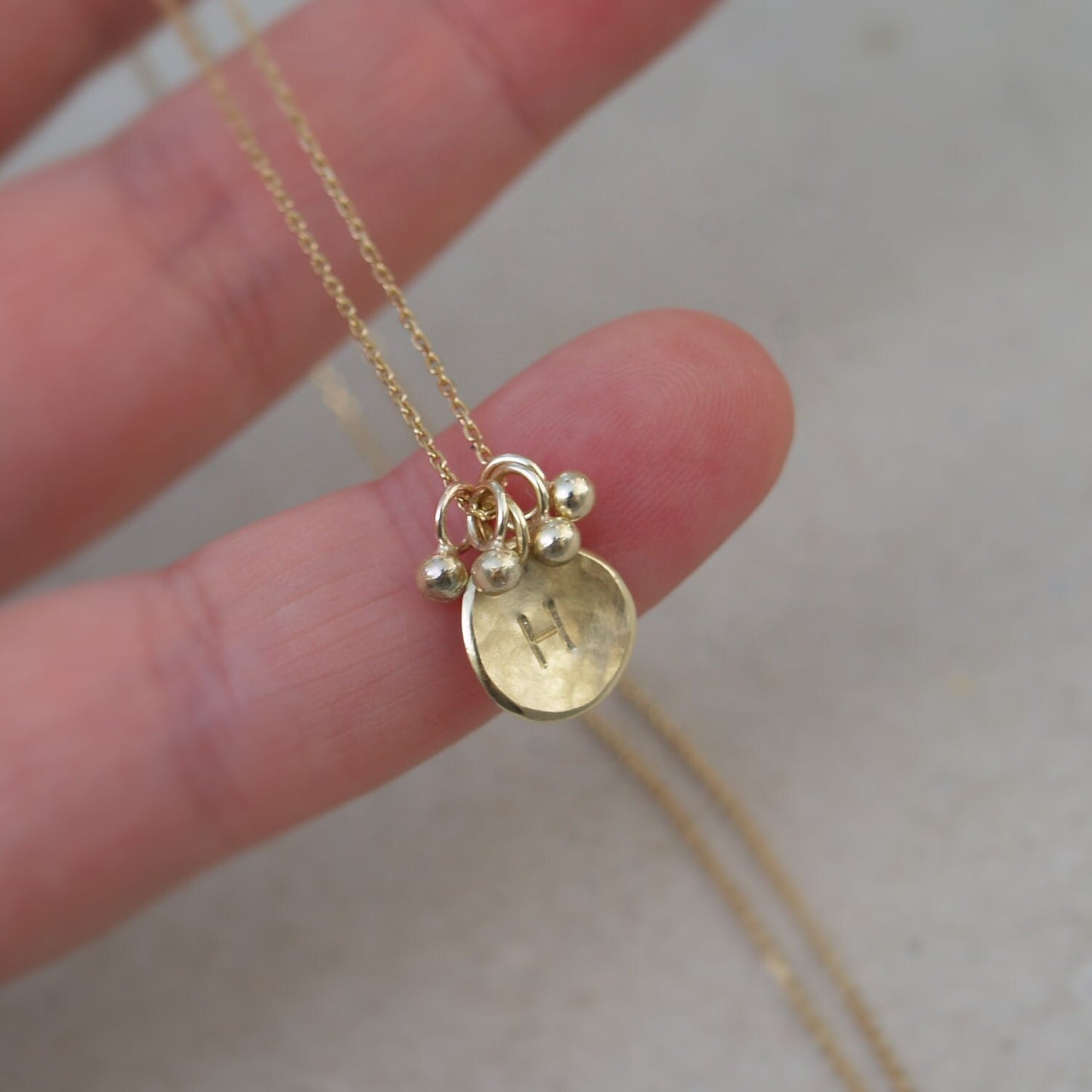Handmade 9ct solid yellow gold small 10mm petal charm pendant with seed ball detail on a chain - Can be personalised