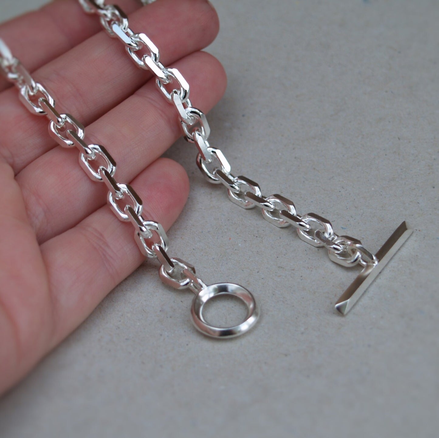 Oxidised or polished solid silver extra heavy 6.6mm wide diamond cut trace chain with a unique T-bar design - Men's jewellery