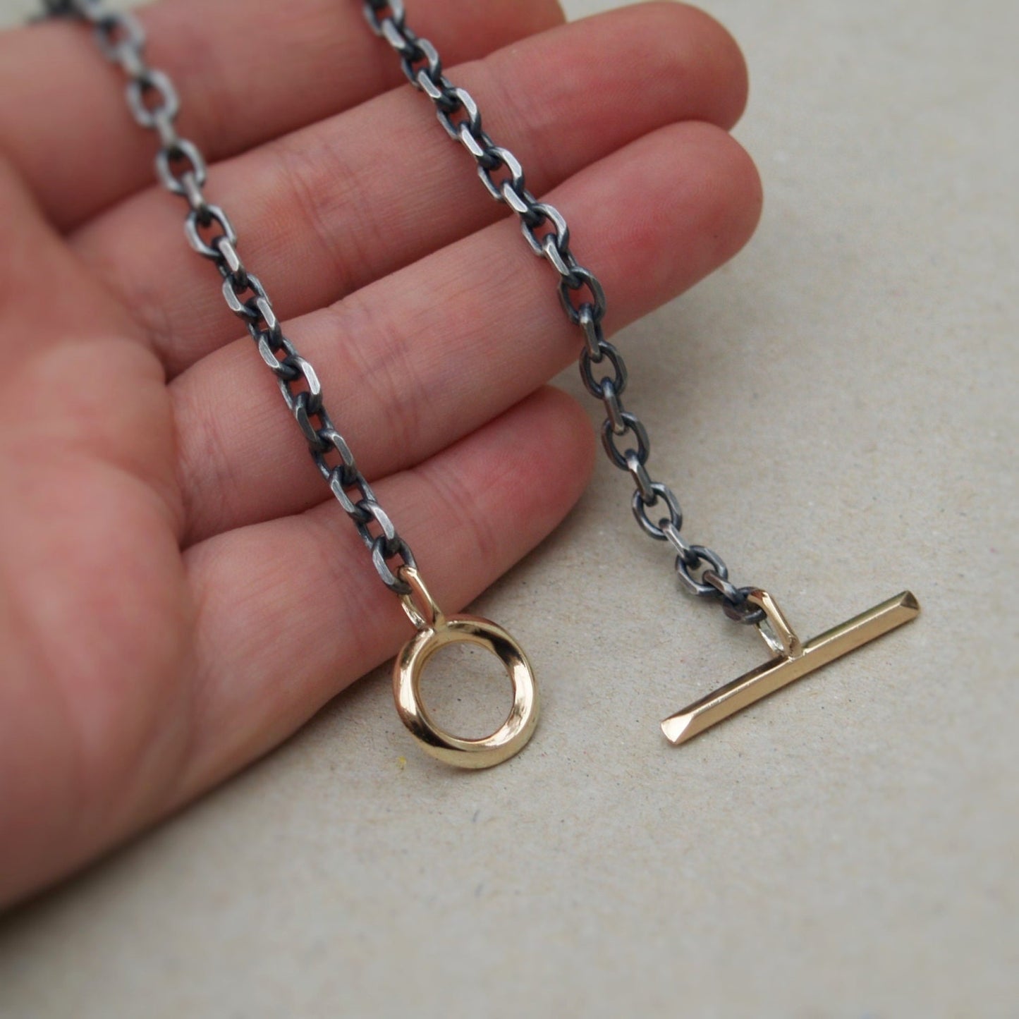 Handmade to order - Oxidised or polished solid silver 4.2mm wide diamond cut trace chain with a unique handmade 9ct yellow gold T-bar