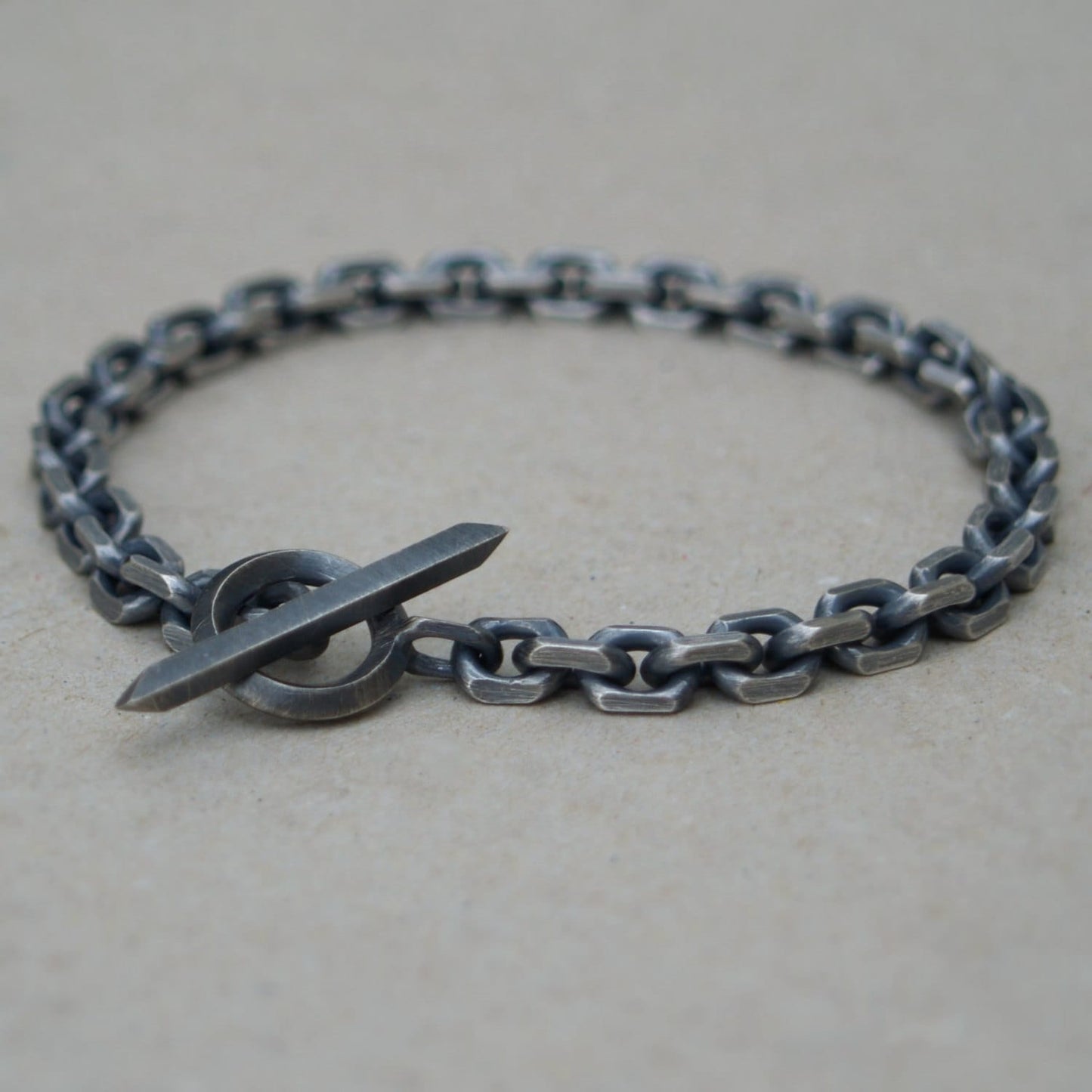 Handmade to order - Oxidised or polished solid silver 6.6mm wide diamond cut trace chain bracelet with a unique T-bar design
