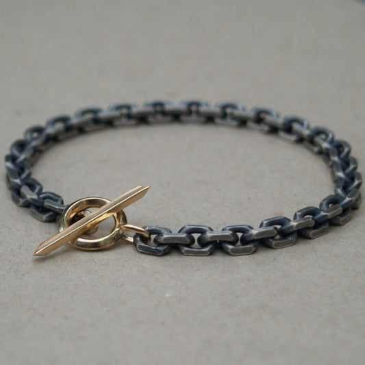 Handmade to order - Oxidised or polished solid silver 6.6mm wide diamond cut trace chain bracelet with a unique handmade 9ct yellow gold T-bar