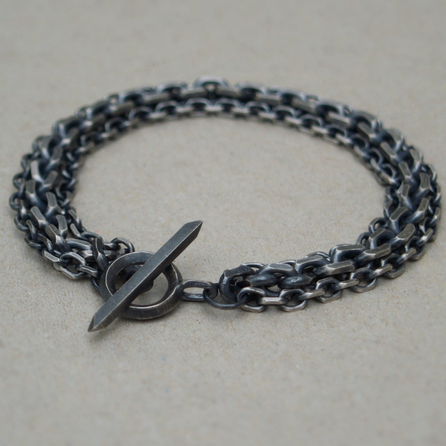 Handmade to order - Oxidised or polished solid silver heavy triple diamond cut trace chain bracelet with a handmade unique T-bar design