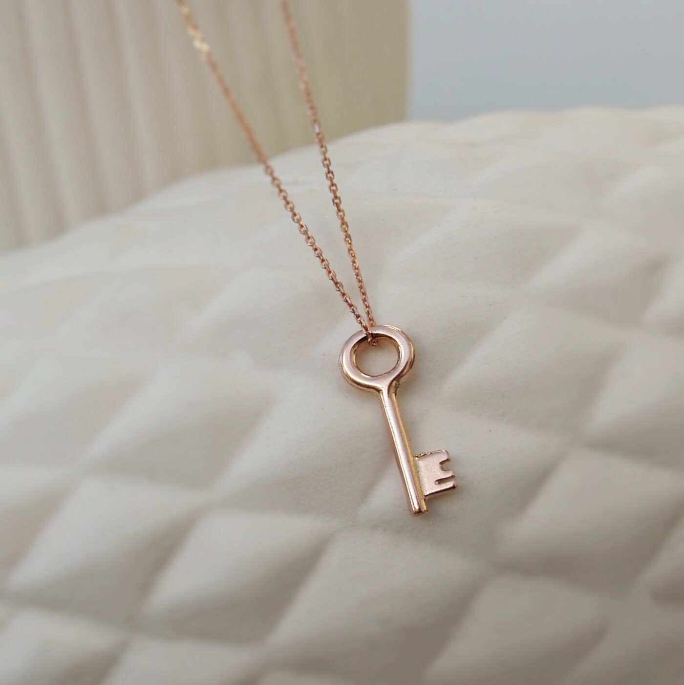 9ct solid rose gold small and dainty key charm pendant and chain