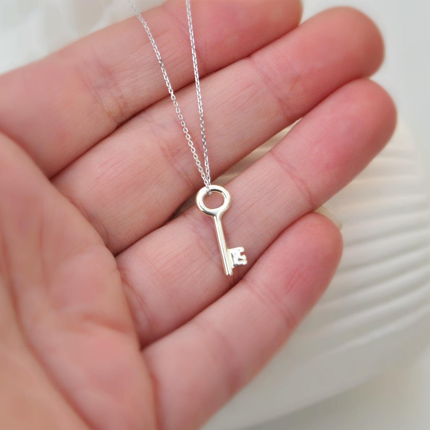 9ct solid white gold small and dainty key charm pendant and chain