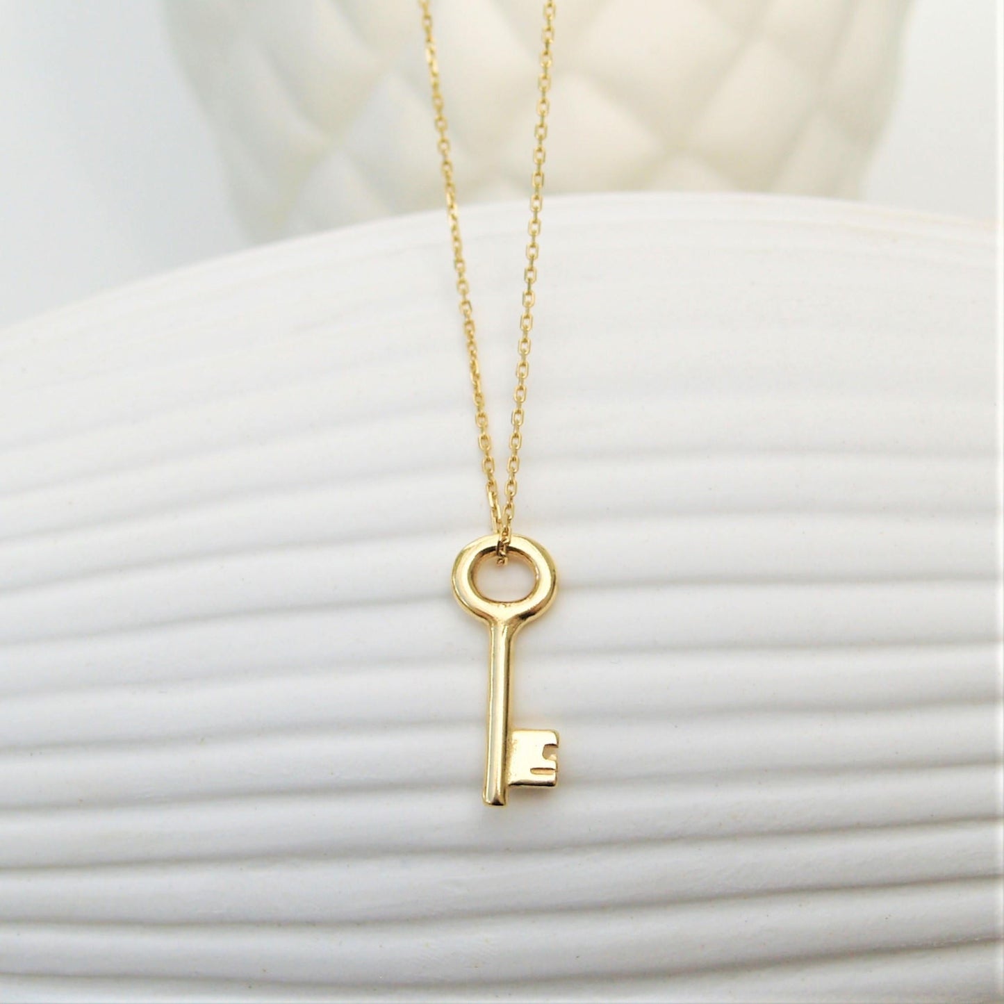 Handmade to order - 18ct solid yellow gold small and dainty key charm pendant and chain