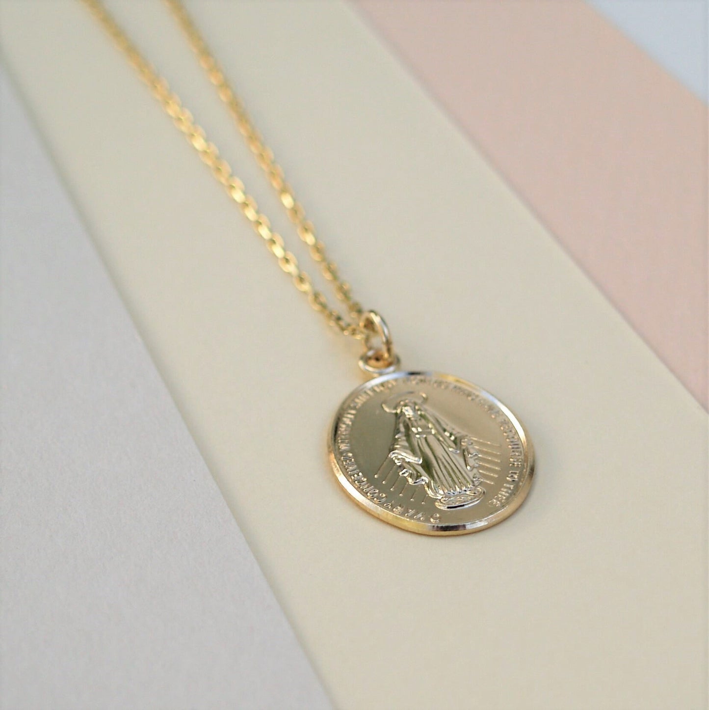 9ct solid yellow gold large size Miraculous Mary medal pendant on a 1.1mm wide diamond cut trace chain