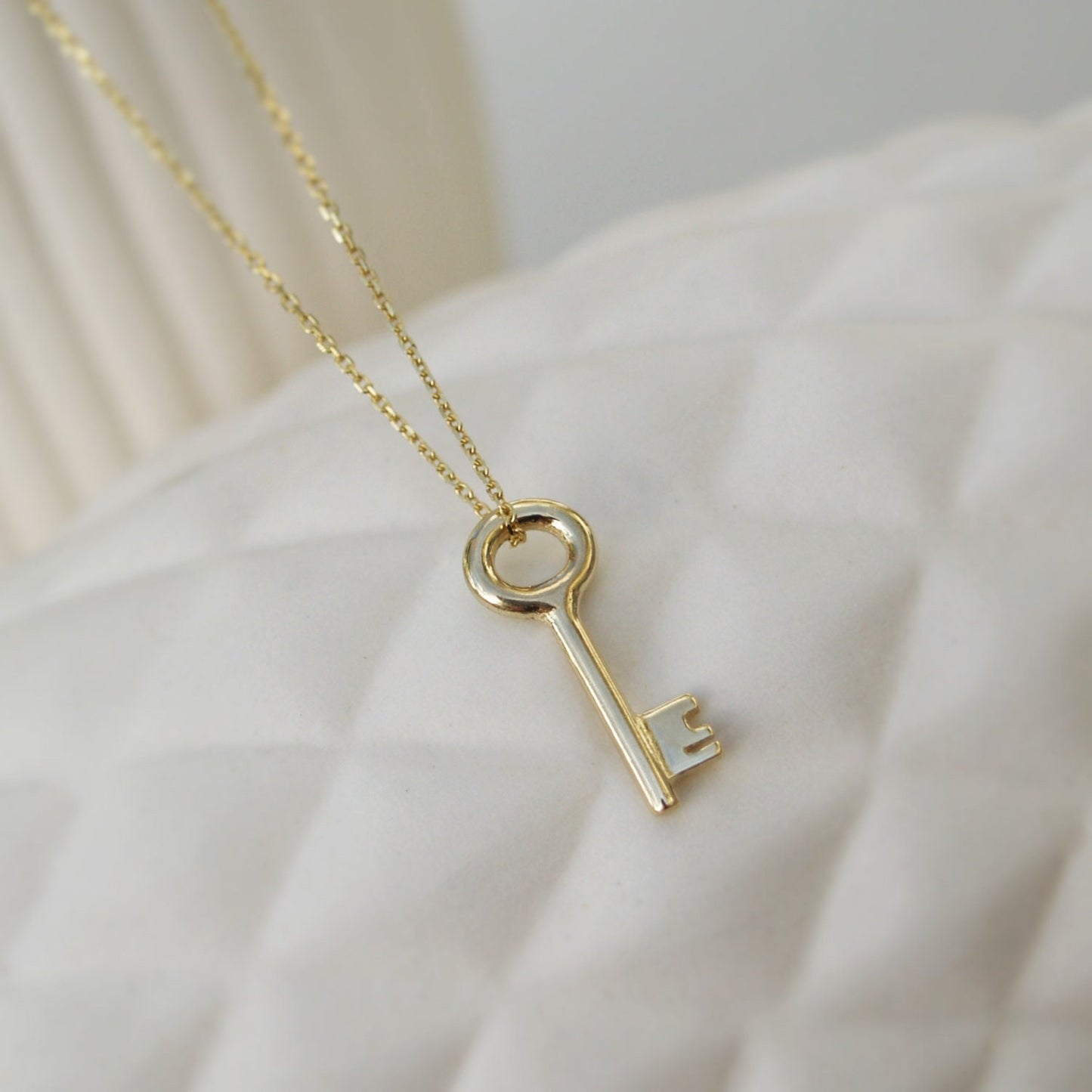 9ct solid yellow gold small and dainty key charm pendant and chain