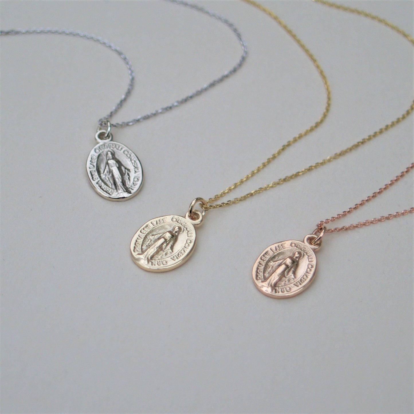 9ct solid rose, yellow or white gold petite Miraculous Mary medal pendant on a fine gold chain