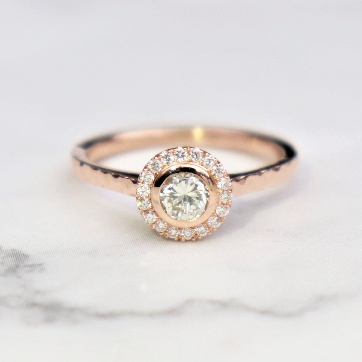 9ct rose gold diamond halo ring - Size L