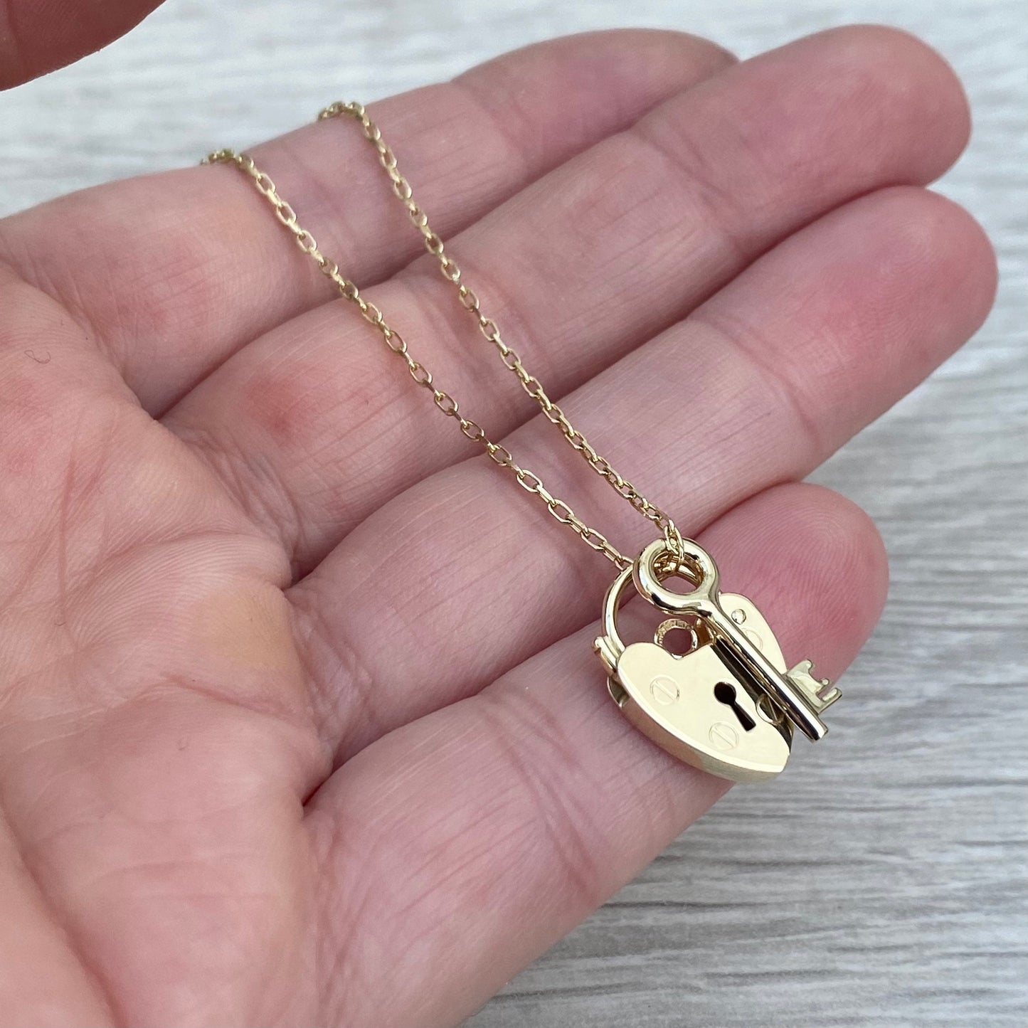 Handmade to order - 9ct solid yellow gold heart padlock and small key charm pendants on a 1.2mm wide trace chain