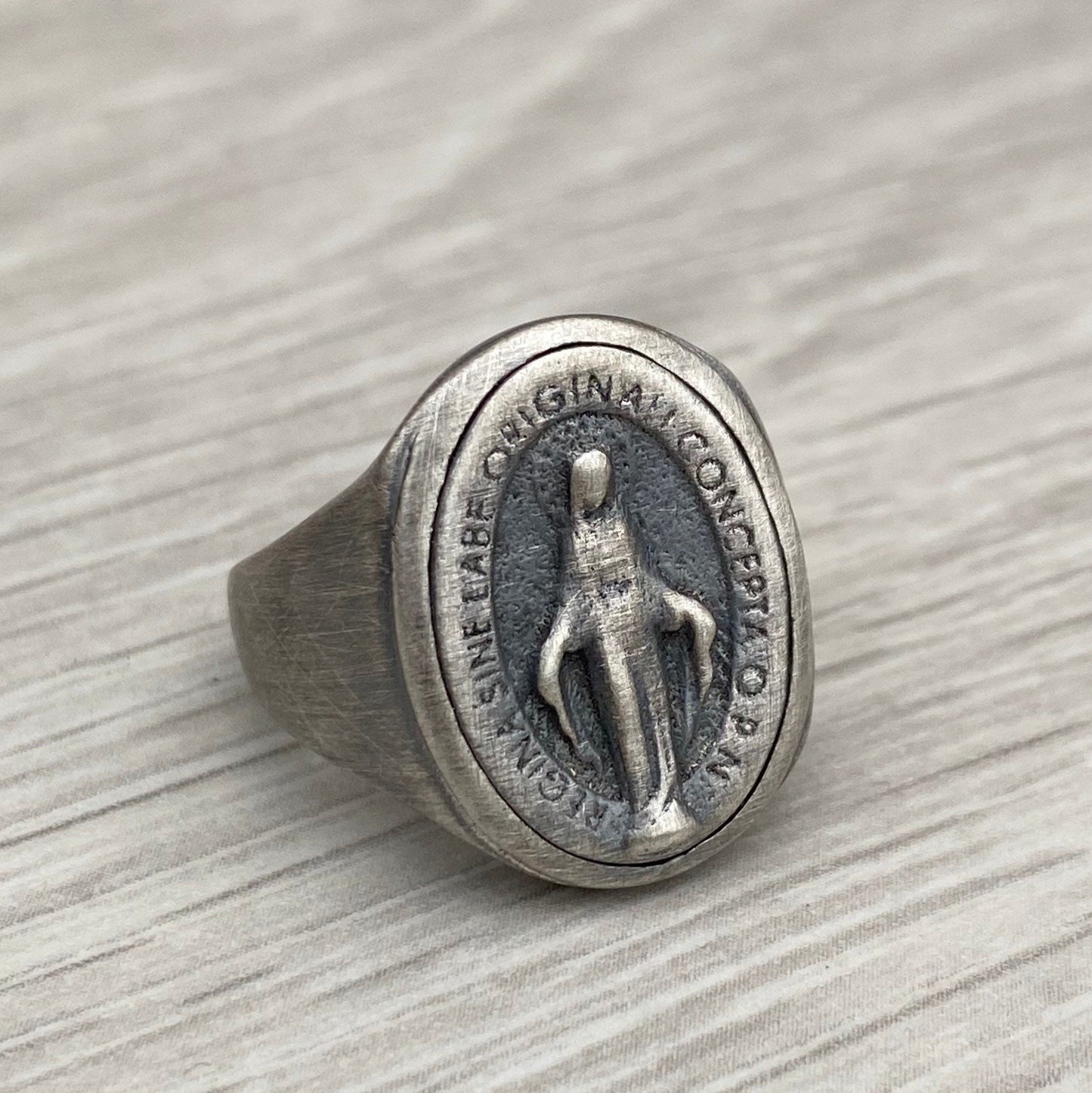 Large oxidised silver miraculous medal ring