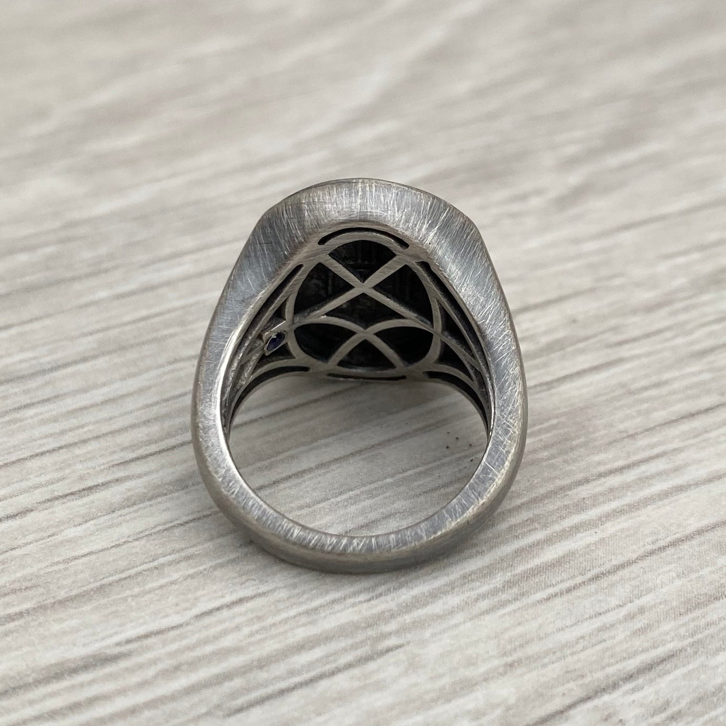 Large oxidised silver miraculous medal ring