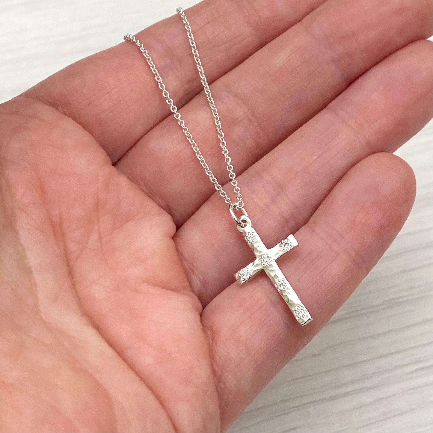 Solid silver floral set diamond hammered small cross pendant and trace chain