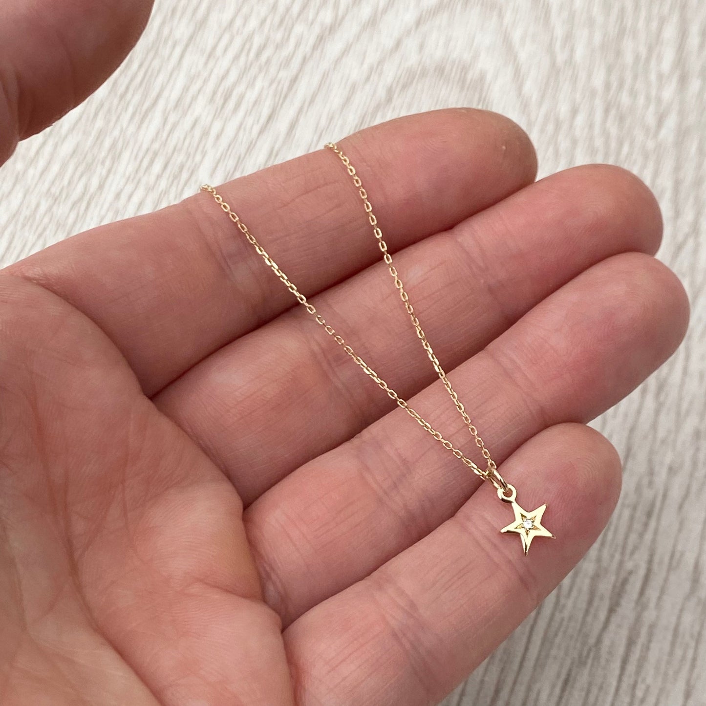 9ct solid yellow gold teeny-weeny diamond star charm pendant and chain