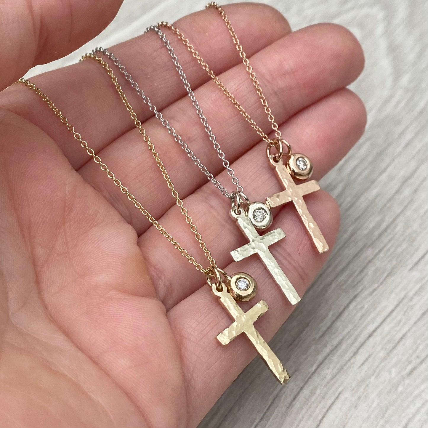 9ct solid yellow, white or rose gold hammered small cross pendant and trace chain with a diamond nugget pendant