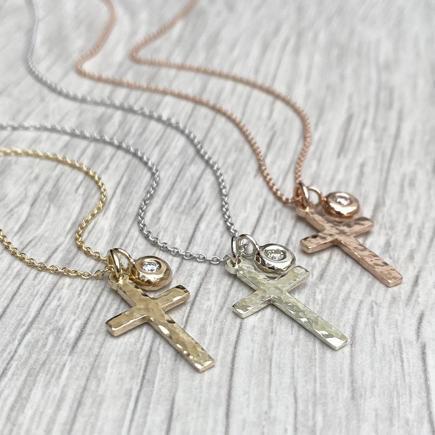 9ct solid yellow, white or rose gold hammered small cross pendant and trace chain with a diamond nugget pendant