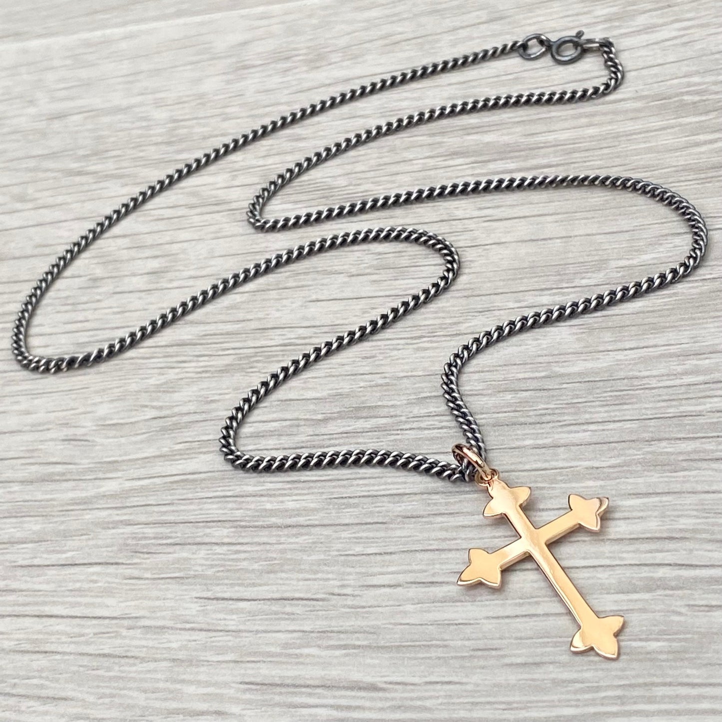 Vintage 9ct rose gold forked cross pendant on a new oxidised silver 2.4mm wide curb chain