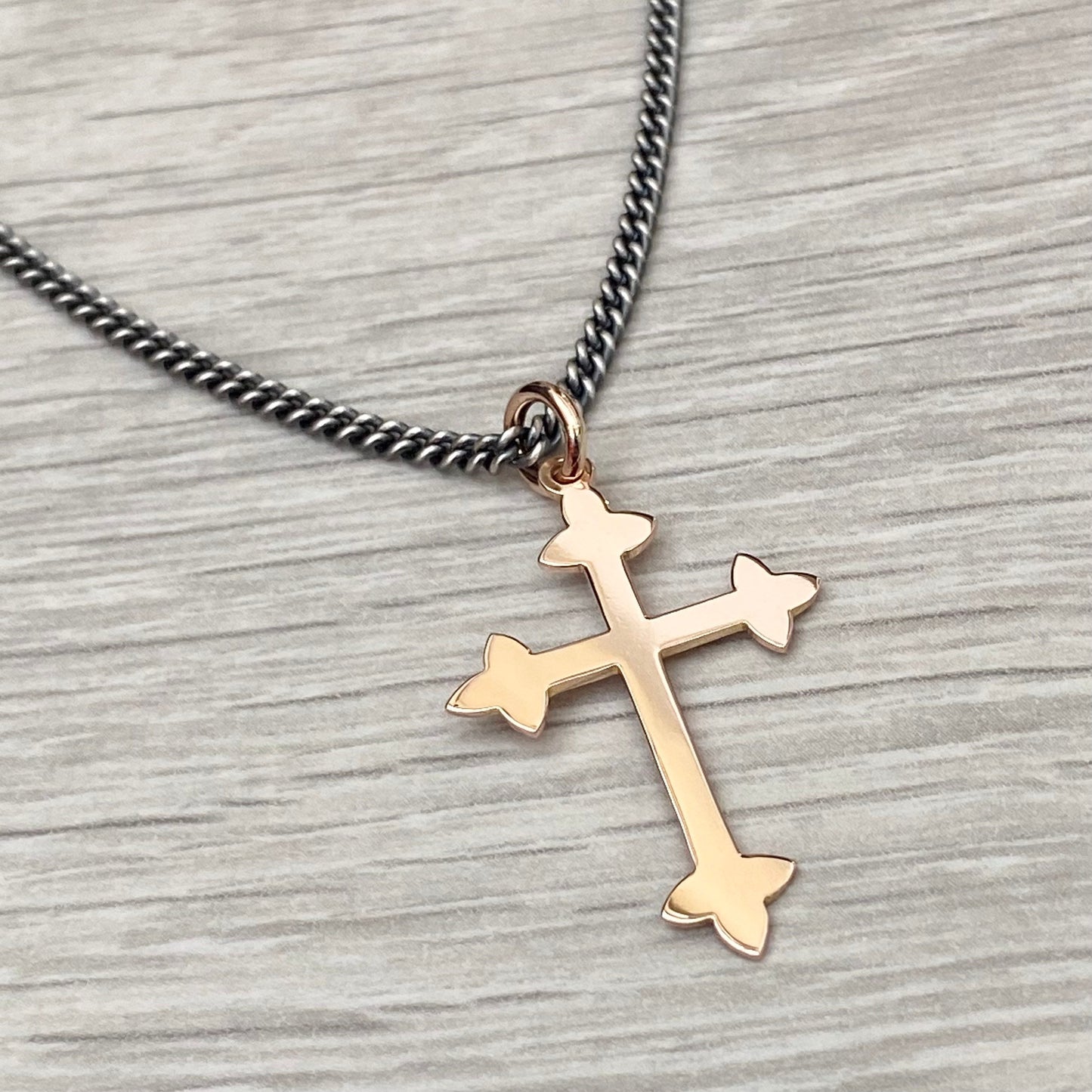 Vintage 9ct rose gold forked cross pendant on a new oxidised silver 2.4mm wide curb chain