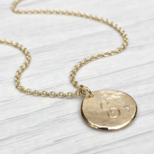 Handmade to order -  9ct solid yellow gold personalised 16mm diamond petal charm pendant on a 1.8mm wide trace chain