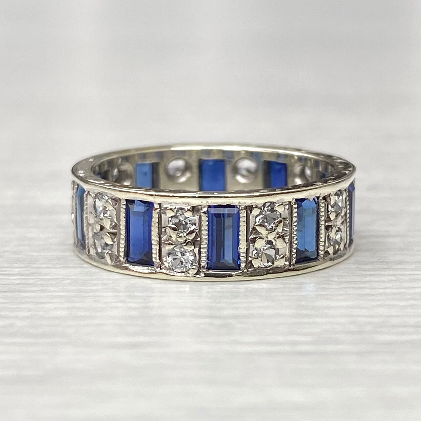 Vintage 9ct white gold synthetic sapphire and cz eternity ring