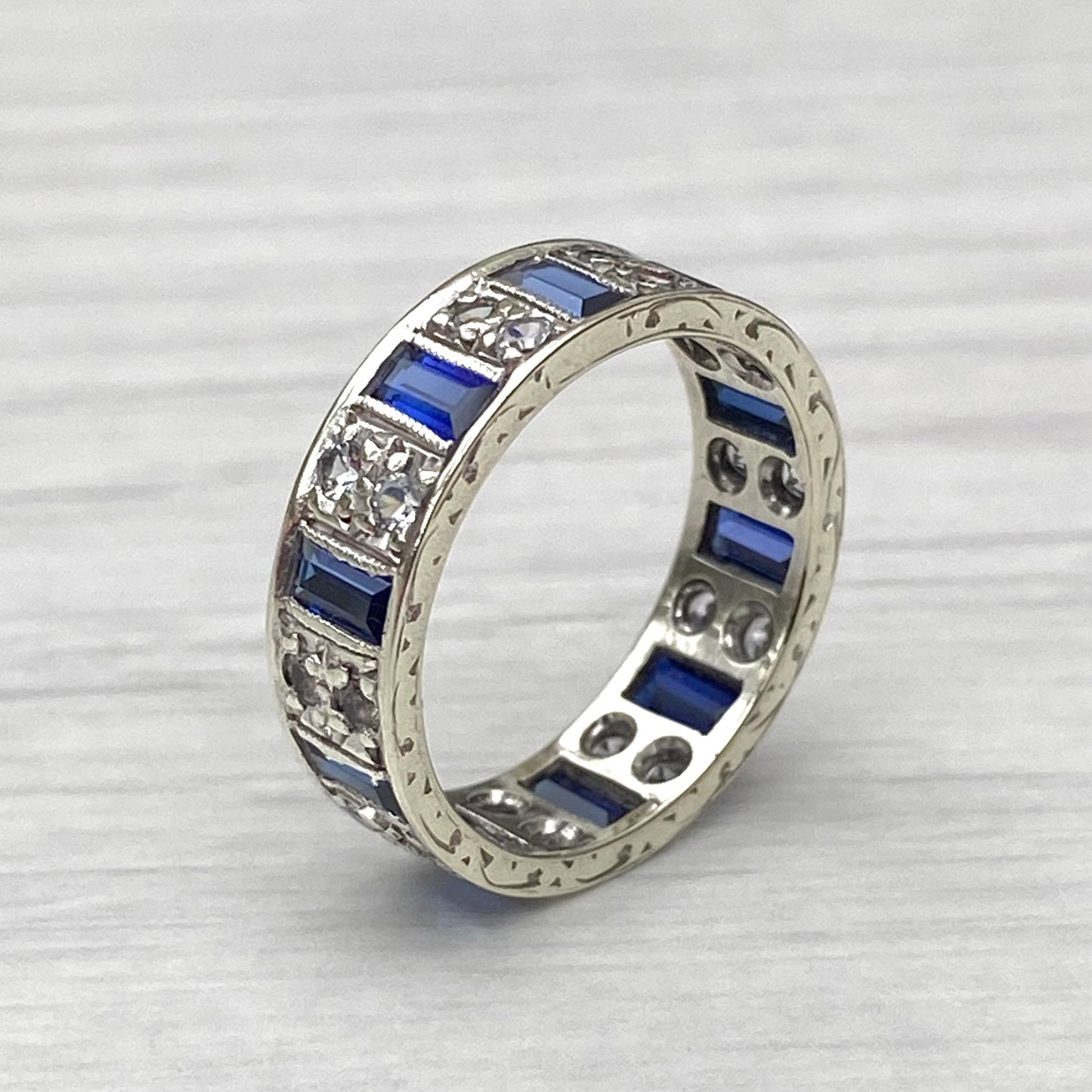 Vintage 9ct white gold synthetic sapphire and cz eternity ring