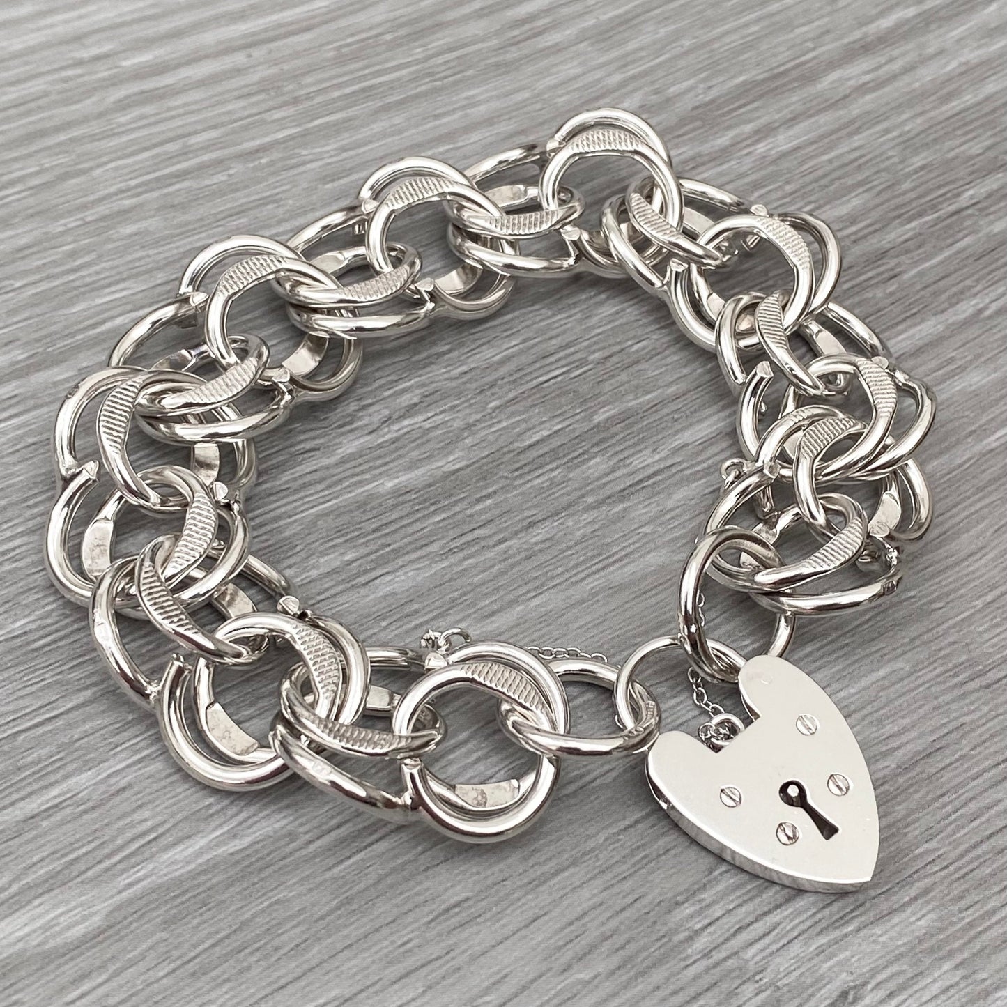 Vintage silver heart padlock fancy wide link bracelet - 1970s - 7.5 inch length