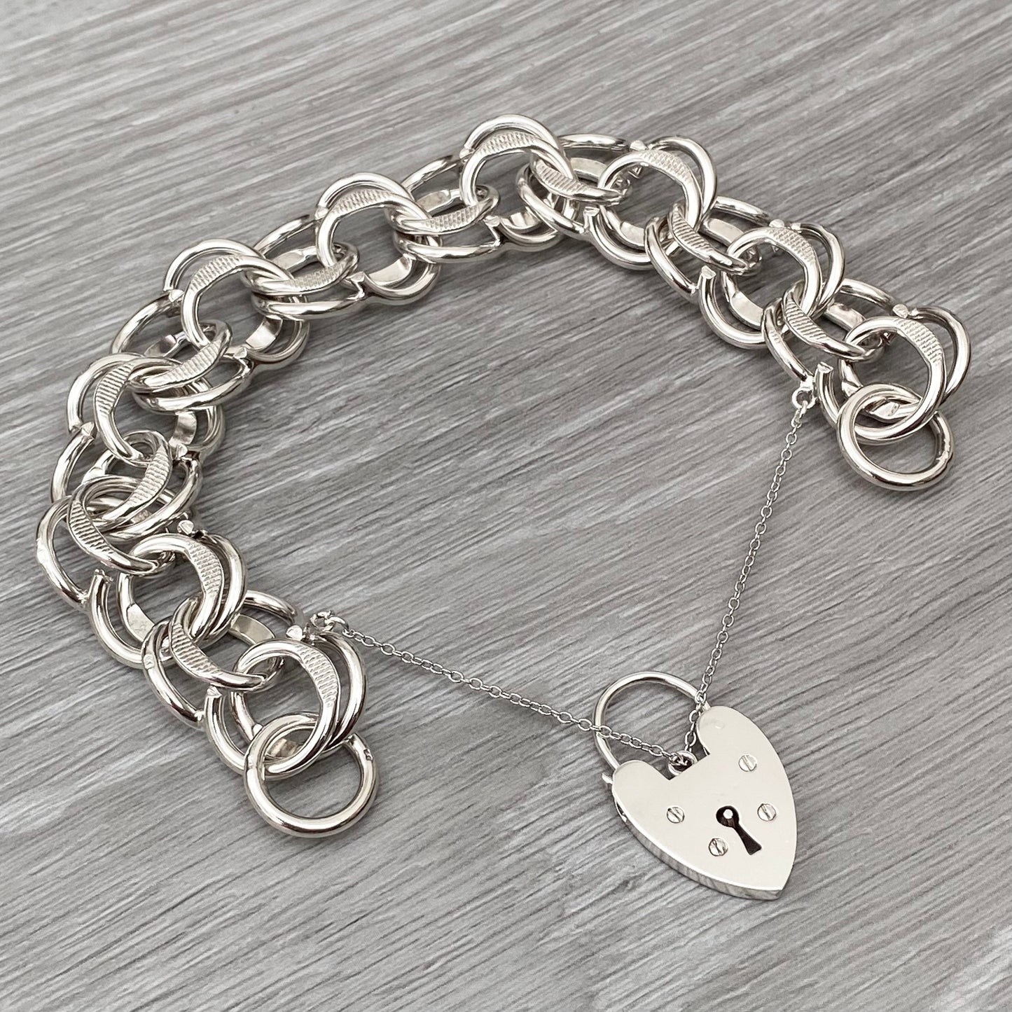 Vintage silver heart padlock fancy wide link bracelet - 1970s - 7.5 inch length