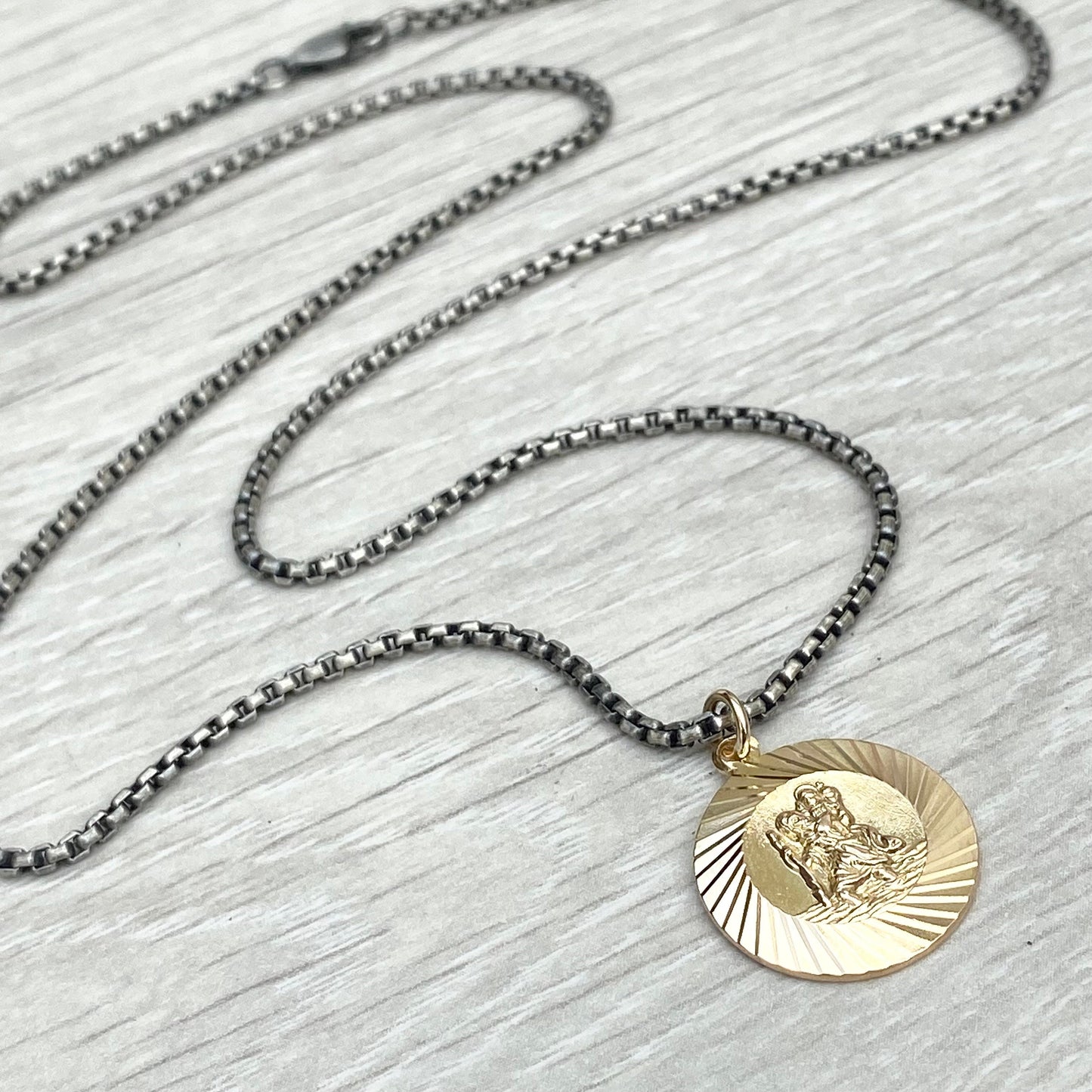 Vintage 9ct yellow gold Saint Christopher pendant on a new oxidised silver 2mm round box chain