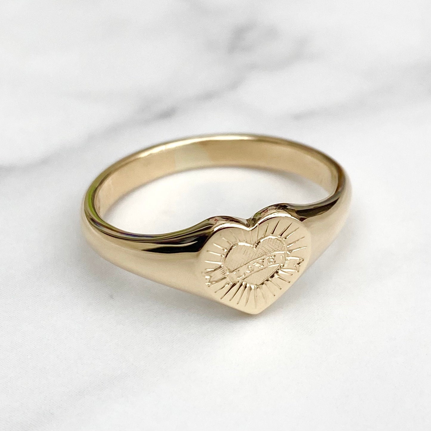 Handmade to order - Ladies 9ct yellow gold engraved love heart signet ring
