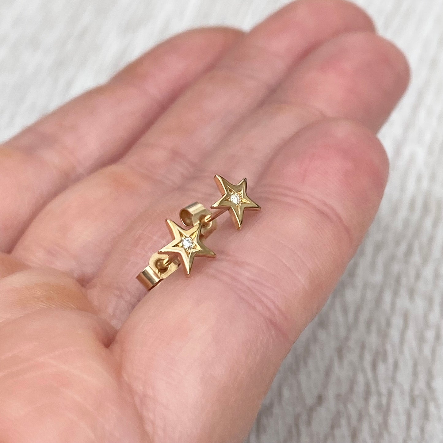Handmade to order - 9ct yellow gold tiny star engraved set 1.2mm diamond star stud earrings