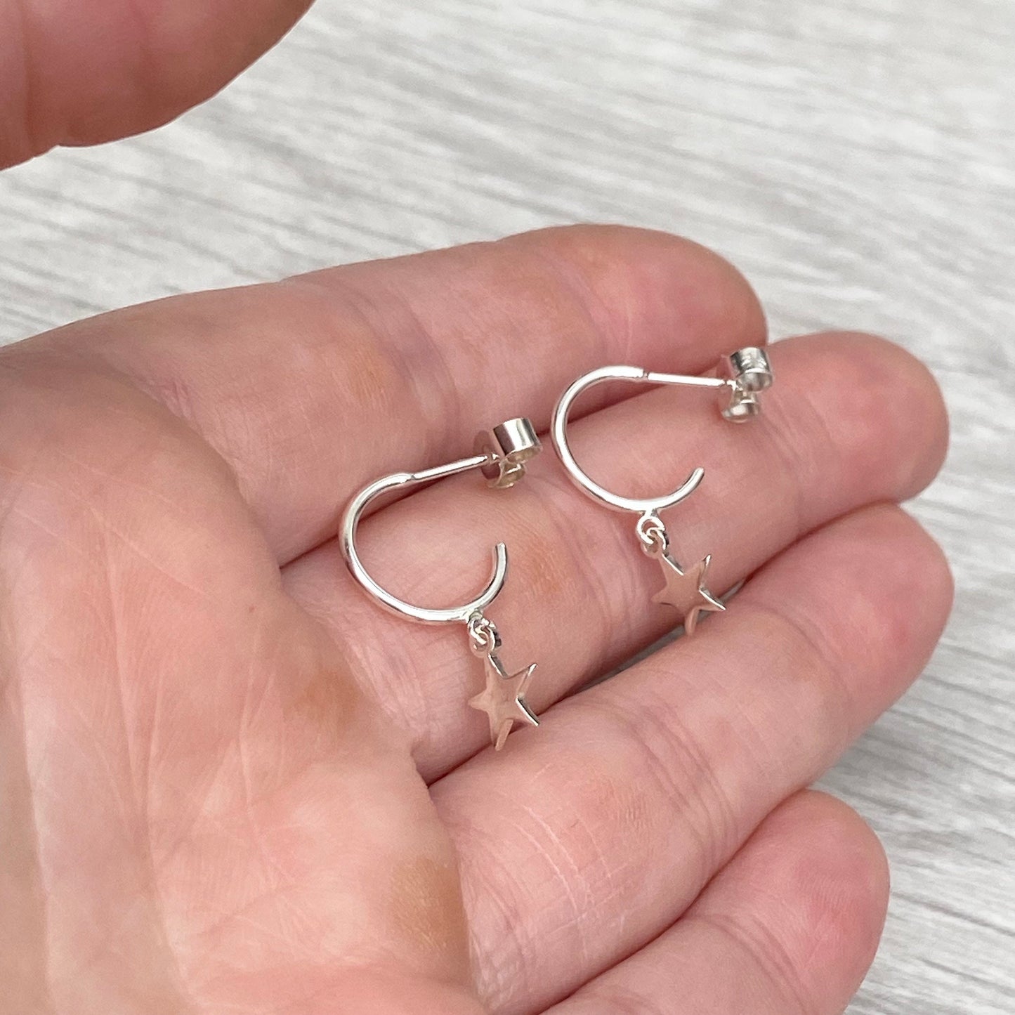 Silver tiny drop star hoop earrings - 12mm silver hoops
