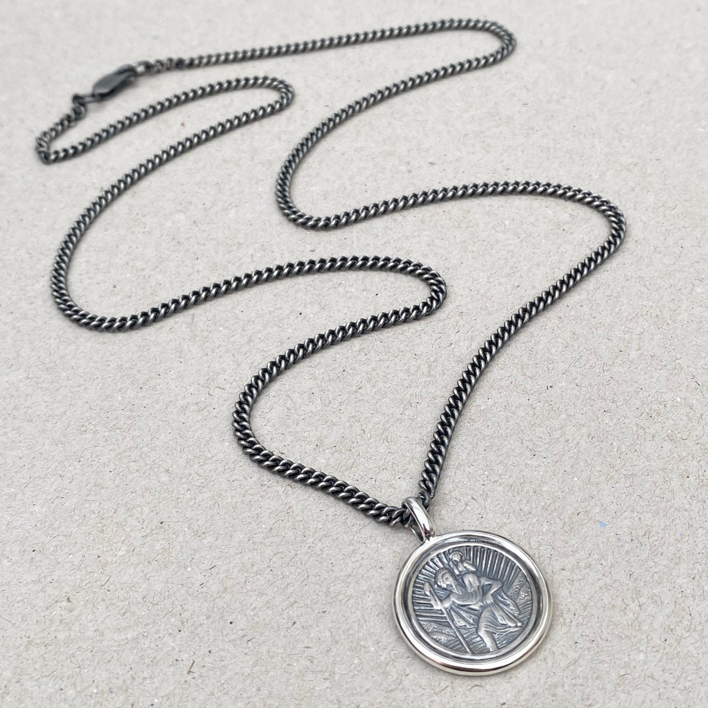 Handmade to order - Oxidised solid silver Saint Christopher circle framed pendant on a 2.9mm wide close curb chain